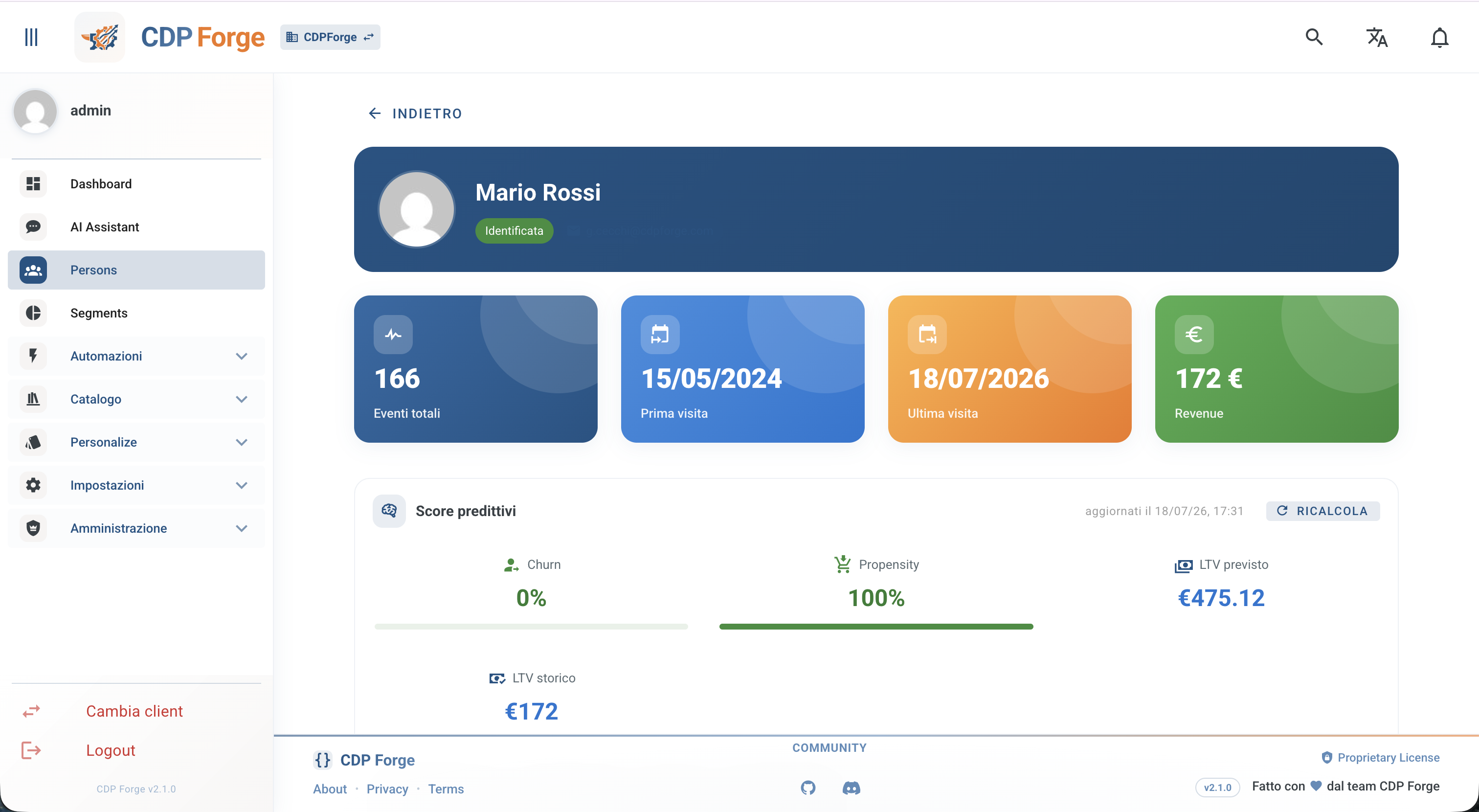 CDPForge Customer 360 profile with predictive scores